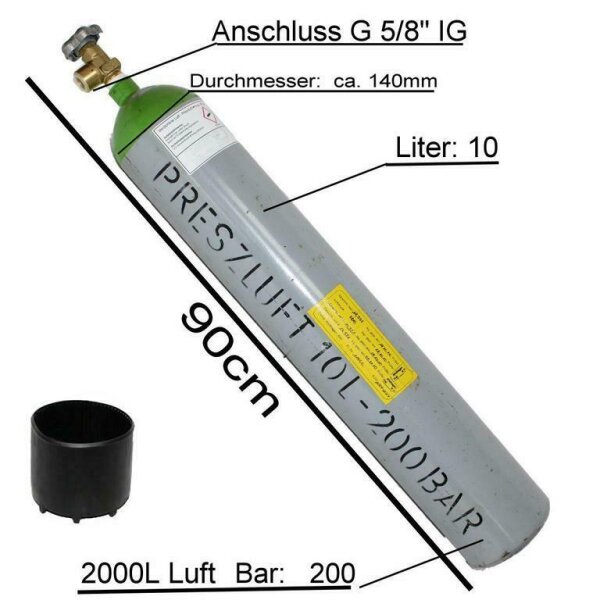 Pressluft Druckluft 10 Liter Flasche, 200 bar + 10J. TÜV Ventil  G 5/8" IG 2000L