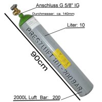 Pressluft Druckluft 10 Liter Flasche, 200 bar  mit TÜV  bis 2034/04