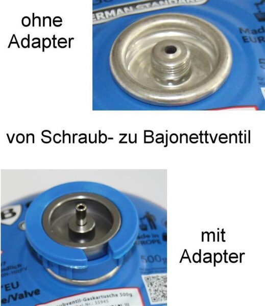 Gaskartusche Schraubventil 500g Adapter Bajonett- zu Schraubventil für Gaskocher