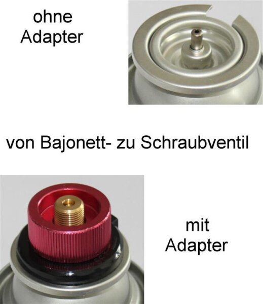 Gaskartusche Schraubventil 500g Adapter Bajonett- zu Schraubventil für Gaskocher